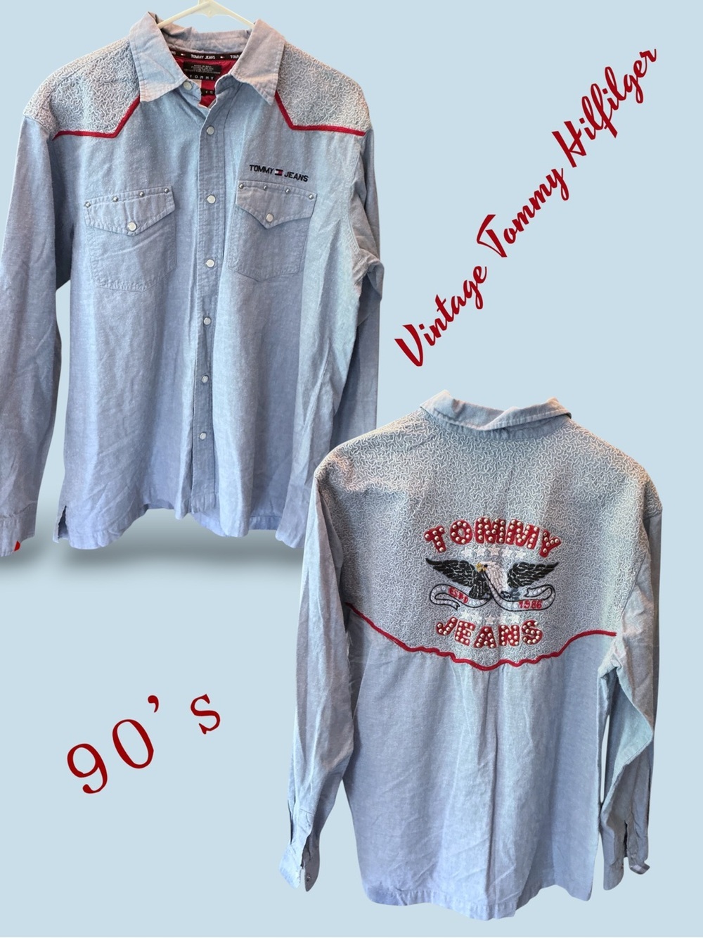 🌼VINTAGE TOMMY HILFILGER EMBROIDERY YOKE GRAPHIC STUDDED BACK SNAP SHIRT